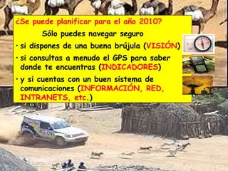 ¿Se puede planificar para el año 2010? Sólo puedes navegar seguro  si dispones de una buena brújula ( VISIÓN ) si consultas a menudo el GPS para saber donde te encuentras ( INDICADORES ) y si cuentas con un buen sistema de comunicaciones ( INFORMACIÓN,   RED, INTRANETS, etc .) 