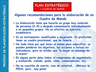 Algunas recomendaciones para la elaboración de un Cuadro de Mando   PLAN ESTRATÉGICO  + cuadros de mando La elaboración tiene que hacerla un grupo muy reducido de personas (3-4) y después consensuarlo individualmente o en pequeños grupos. No es efectivo un ejercicio asambleario Es un instrumento: modificable y mejorable. Es preferible tener un cuadro provisional, que no tenerlo  No todo tiene por qué tener el mismo peso específico: se pueden ponderar los objetivos, las acciones e incluso los indicadores, pero no olvidar que “lo mejor es enemigo de lo bueno” En alguna parte debe haber el compromiso de seguimiento y evaluación: cuándo, quién, cómo, consecuencias, etc. No es cuestión de suerte, sino de voluntad... ¡Merece la PENA, pero… hay pena! 