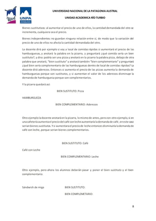 UNIVERSIDAD NACIONAL DE LA PATAGONIA AUSTRAL
UNIDAD ACADEMICA RÍO TURBIO
8
Bienes sustitutivos: al aumentar el precio de uno de ellos, la cantidad demandada del otro se
incrementa, cualquiera sea el precio.
Bienes independientes: no guardan ninguna relación entre sí, de modo que la variación del
precio de uno de ellos no afecta la cantidad demandada del otro.
La docente dirá por ejemplo si voy a local de comidas rápidas si aumentará el precio de las
hamburguesas, y anotará la palabra en la pizarra, y preguntará ¿qué comida sería un bien
sustituto?, y dira: podría ser una pizza y anotará en la pizarra la palabra pizza, debajo de otra
palabra que anotará, “bien sustituto” y anotará también “bien complementario” y preguntará
¿qué bien sería complementario de las hamburguesas dentro de local de comidas rápidas? La
docente dirá aderezos. Entonces si aumenta el precio de las pizzas aumenta la demanda de
hamburguesas porque son sustitutos, y si aumentan el valor de los aderezos disminuye la
demanda de hamburguesa porque son complementarios.
Y la pizarra quedará así:
BIEN SUSTITUTO: Pizza
HAMBURGUEZA
BIEN COMPLEMENTARIO: Aderezos
Otro ejemplo ladocente anotaráenla pizarra, lomismode antes,perocon otro ejemplo,si en
unacafeteríaaumentael preciodelcafé conlecheaumentaríalademandade café,eneste caso
serianbienessustitutos.Ysi aumentarael preciode leche entoncesdisminuiríalademandade
café con leche, porque serian bienes complementarios.
BIEN SUSTITUTO: Café
Café con Leche
BIEN COMPLEMENTARIO: Leche
Otro ejemplo, pero ahora los alumnos deberán pasar y poner el bien sustituto y el bien
complementario.
Sándwich de miga BIEN SUSTITUTO:
BIEN COMPLEMETARIO:
 