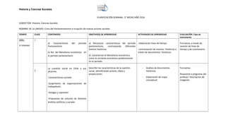 Historia y Ciencias Sociales
PLANIFICACIÓN SEMANAL 3° MEDIO AÑO 2016
SUBSECTOR: Historia Ciencias Sociales
NOMBRE DE LA UNIDAD: Crisis del Parlamentarismo e irrupción de nuevos actores sociales.
TIEMPO CLASE CONTENIDOS OBJETIVO(S) DE APRENDIZAJE ACTIVIDADES DE APRENDIZAJE EVALUACIÓN / tipo de
instrumento
ABRIL
1º SEMANA
1
a) Características del periodo
Parlamentario
b) Rol del liberalismo económico en
el periodo parlamentario
a) Reconocer características del periodo
parlamentario, contrastando diferentes
fuentes históricas
b) Caracterizar el liberalismo económico,
como la corriente económica predominante
en el período.
-elaboración línea de tiempo
-contrastación de visiones históricas a
través de documentos históricos
Formativa, a través de
revisión de línea de
tiempo y de cuestionario.
2
La cuestión social en Chile y sus
alcances.
-Características sociales
-Surgimiento de organizaciones de
trabajadores
-Huelgas y represión
-Propuestas de solución de distintos
ámbitos políticos y sociales
Describir las características de la cuestión
social, identificando actores, ideas y
proyecciones.
- Análisis de documentos
históricos
- Elaboración de mapa
conceptual
Formativa:
Respuesta a preguntas del
profesor. Descripción de
imágenes.
 