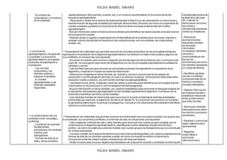 NILDA MABEL AMARO
NILDA MABEL AMARO
◦El proceso de
urbanización y la historia
de la localidad.
La economía
agroexportadora,inmigración
y sociedad.La economía
agroexportadora:principales
productos de exportación e
importación.
◦Los circuitos
productivos y los
distintos actores y
trabajos implicados.
◦El modelo
agroexportador y las
distintas realidades
regionales.
La conformación de una
sociedad móvil,compleja y
conflictiva.
◦La élite de los grandes
terratenientes
pampeanos,los sectores
medios ylos
trabajadores.
◦Formas de vida de la
élite y de los sectores
capital extranjero (ferrocarriles,puertos,etc.) y el modo en que facilitaban el funcionamiento del
esquema agroexportador.
◦ Reconocer a través de la lectura de diversas fuentes el fenómeno de urbanización:el crecimiento y
transformación de algunas ciudades (por ejemplo,Buenos Aires,Rosario),asícomo el surgimiento de
nuevas ciudades y pueblos en la provincia de Buenos Aires vinculado al desarrollo del modelo
agroexportador.
◦Buscar infomación sobre la historia de la localidad para identificar las repercusiones a escala local de
los procesos en estudio.
◦Realizar visitas a lugares y organizaciones emblemáticas de la localidad para reconocer,registrar y
analizar indicios del período en estudio en las construcciones,los monumentos,las instituciones
locales,etc.
Presentación de materiales que permitan conocer los circuitos productivos de los principales bienes de
exportación e importación de la Argentina agroexportadora,los actores sociales involucrados y algunos de
sus conflictos,en situaciones que requieran:
◦Escuchar al maestro para conocer y registrar por escrito algunos de los factores que,a principios del
siglo XX, se conjugaron para hacer de la Argentina uno de los principales exportadores mundiales de
cereales y carnes.
◦Leer fuentes diversas para conocer los principales productos de exportación e importación de la
Argentina y localizar en mapas las áreas de elaboración.
◦Seleccionar imágenes en libros de texto y/o revistas y construir secuencias de las etapas de
producción y comercialización del trigo,el maíz o la carne en la época, reconociendo relaciones entre
espacios rurales yurbanos,asícomo entre distintas escalas geográficas.
◦Leer testimonios,libros,imágenes,observar videos y películas para identificar los principales actores
involucrados en la producción y comercialización de bienes agrarios.
◦Buscar información en libros de texto y en cuadros estadístivos para reconocer el desigual impacto de
la aplicación del esquema agroexportador en las distintas regiones de la Argentina.Comparar con el
presente e identificar cambios ycontinuidades.
◦Leer distintas fuentes de información para reconocer el impacto ambiental de distintas actividades
productivas (por ejemplo,la extracción de tanino en Santa Fe, la producción azucarera en el noroeste,
la ganadería extensiva en la pampa y la patagonia).Comparar con situaciones del presente e identificar
cambios ycontinuidades.
Presentación de materiales que permitan conocer la conformación de una nueva sociedad,los grupos que
la constituían,sus acuerdos yconflictos,sus formas de vida, en situaciones que requieran:
◦Leer imágenes,historias de vida y otras fuentes para reconocer los nuevos grupos sociales que se
conforman en la Argentina agroexportadora,identificando quiéne detentan el poder económico y
político, asícomo los extensos sectores medios ylos nuevos grupos de trabajadores que se constituyen
en el área pampeana.
◦Conocer a través de la lectura de testimonios y del análisis de fotografías y de cuadros estadísticos las
formas de vida de los distintos sectores sociale,asícomo el impacto numérico y cultural de la
inmigración entre las clases medias ytrabajadoras del área pampeana.
◦Visitar museos para conocer objetos representativos de la época en estudio y contrastar la información
inestabilidad política de
la Argentina del siglo
XX y valorar la
democracia,asícomo
las luchas y
resistencias populares
contra las dictaduras.
• Reconocer
acontecimientos
relevantes (locales,
provinciales,
nacionales,
mundiales),identificar
cambios y
continuidades en las
formas de
conmemorar,asícomo
los sentidos asignados
a lo largo del tiempo.
• Identificar variadas
causas y múltiples
consecuencias de los
hechos y procesos
sociales estudiados.
• Obtener información
de diversas fuentes y
establecer relaciones
entre la información
que ellas brindan.
• Reconocer distintas
interpretaciones sobre
los hechos y procesos
estudiados.
• Expresar y comunicar
ideas,experiencias y
valoraciones.
• Registrar,
sistematizar y
comunicar
informaciones y
 