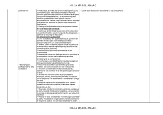 NILDA MABEL AMARO
NILDA MABEL AMARO
publicitarios
Escribir para
participar de la vida
ciudadana
Profundizar, a través de la lectura de la prensa,los
comentarios ylas interpretaciones de los hechos
sociales yde cómo se comunican.Volver al texto para
corroborar la interpretación y la importancia que el
medio le puede haber dado a esas noticias
encontrando las claves para sostenerla en los recursos
que utilizan los medios de prensa para distribuir la
información.
Distinguir las distintas voces que aparecen citadas
en los artículos periodísticos.
Comenzar a identificar la posición del medio sobre
un acontecimiento y asumir un punto de vista propio a
partir de la lectura y la discusión.
En relación con la publicidad:
Leer, escuchar y ver publicidades que aparecen en
distintos medios para comentarlas con otros y
posicionarse como un potencial destinatario.
Advertir cómo se ejerce presión sobre el público de
manera más o menos explícita para que consuma el
producto que se publicita.
Reconocer los distintos destinatarios de las
publicidades.
Reflexionar sobre los distintos recursos que utiliza la
publicidad en función de los efectos que quiere
provocar y de la competencia.
Familiarizarse con distintas formas de propaganda
distinguiéndola de la publicidad comercial.
Recurrir a la escritura con distintos propósitos
relativos a la comunicación con las instituciones.
Tener en cuenta el destinatario institucional y
extenso de los escritos de la vida pública para producir
el texto.
Asumir una posición como autor (ciudadano,
alumno/a,vecino,denunciante) del texto en relación
con el propósito y el destinatario y sostenerla a lo largo
del texto.
Retomar información recabada en otras fuentes
orales o escritas para explicar un tema de interés
social (desde 5o)
Organizar el texto teniendo en cuenta las pautas que
la comunicación institucional establece o proponiendo
maneras novedosas para la información que se quiere
expresar.
Revisar el texto en distintos momentos para controlar
si:se ha respetado la organización prevista,está claro
el propósito,se tuvo en cuenta al destinatario;están
a partir de la devolución del docente y los compañeros.
 