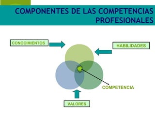 COMPONENTES DE LAS COMPETENCIAS
                   PROFESIONALES

CONOCIMIENTOS
                              HABILIDADES
...