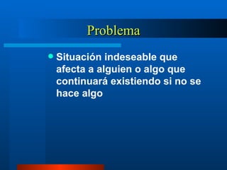 Problema Situación indeseable que afecta a alguien o algo que continuará existiendo si no se hace algo 