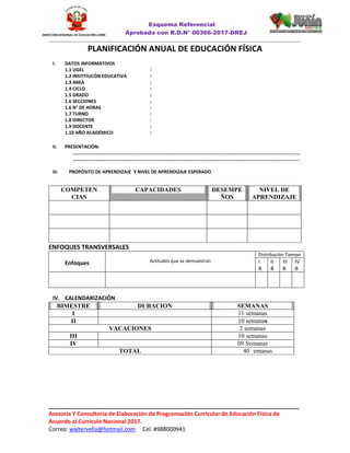 Esquema Referencial
Aprobado con R.D.N° 00366-2017-DREJ
______________________________________________________________________________________________________________
________________________________________________________________________________
Asesoría Y Consultoría de Elaboración de Programación Curricular de Educación Física de
Acuerdo al Currículo Nacional 2017.
Correo: waltervella@hotmail.com Cel. #988000941
DIRECCIÓN REGIONAL DE EDUCACIÓN JUNÍN
PLANIFICACIÓN ANUAL DE EDUCACIÓN FÍSICA
I. DATOS INFORMATIVOS
1.1 UGEL :
1.2 INSTITIUCÓN EDUCATIVA :
1.3 AREA :
1.4 CICLO :
1.5 GRADO :
1.6 SECCIONES :
1.6 N° DE HORAS :
1.7 TURNO :
1.8 DIRECTOR :
1.9 DOCENTE :
1.10 AÑO ACADÉMICO :
II. PRESENTACIÓN:
……………………………………………………………………………………………………………………………………………………………………
……………………………………………………………………………………………………………………………………………………………………
III. PROPÓSITO DE APRENDIZAJE Y NIVEL DE APRENDIZAJE ESPERADO
COMPETEN
CIAS
CAPACIDADES DESEMPE
ÑOS
NIVEL DE
APRENDIZAJE
ENFOQUES TRANSVERSALES
Enfoques Actitudes que se demuestran
Distribución Tiempo
I
B
II
B
III
B
IV
B
X
X
IV. CALENDARIZACIÓN
BIMESTRE DURACION SEMANAS
I 11 semanas
II 10 semanas
VACACIONES 2 semanas
III 10 semanas
IV 09 Semanas
TOTAL 40 emanas
 