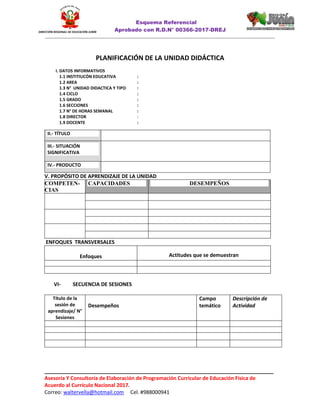 Esquema Referencial
Aprobado con R.D.N° 00366-2017-DREJ
______________________________________________________________________________________________________________
________________________________________________________________________________
Asesoría Y Consultoría de Elaboración de Programación Curricular de Educación Física de
Acuerdo al Currículo Nacional 2017.
Correo: waltervella@hotmail.com Cel. #988000941
DIRECCIÓN REGIONAL DE EDUCACIÓN JUNÍN
PLANIFICACIÓN DE LA UNIDAD DIDÁCTICA
I. DATOS INFORMATIVOS
1.1 INSTITIUCÓN EDUCATIVA :
1.2 AREA :
1.3 N° UNIDAD DIDACTICA Y TIPO :
1.4 CICLO :
1.5 GRADO :
1.6 SECCIONES :
1.7 N° DE HORAS SEMANAL :
1.8 DIRECTOR :
1.9 DOCENTE :
V. PROPÓSITO DE APRENDIZAJE DE LA UNIDAD
COMPETEN-
CIAS
CAPACIDADES DESEMPEÑOS
ENFOQUES TRANSVERSALES
Enfoques Actitudes que se demuestran
VI- SECUENCIA DE SESIONES
Título de la
sesión de
aprendizaje/ N°
Sesiones
Desempeños
Campo
temático
Descripción de
Actividad
II.- TÍTULO
III.- SITUACIÓN
SIGNIFICATIVA
IV.- PRODUCTO
 