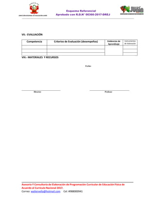 Esquema Referencial
Aprobado con R.D.N° 00366-2017-DREJ
______________________________________________________________________________________________________________
________________________________________________________________________________
Asesoría Y Consultoría de Elaboración de Programación Curricular de Educación Física de
Acuerdo al Currículo Nacional 2017.
Correo: waltervella@hotmail.com Cel. #988000941
DIRECCIÓN REGIONAL DE EDUCACIÓN JUNÍN
VII.- EVALUACIÓN
Competencia Criterios de Evaluación (desempeños) Evidencias de
Aprendizaje
Instrumentos
de Valoración
VIII.- MATERIALES Y RECURSOS
Fecha:
______________________________________ _______________________________________
Director Profesor
 