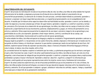 CARACTERIZACIÓN DEL ESTUDIANTE:
A partir del proceso de individuación iniciado en los primeros años de vida, los niños y las niñas de estas edades han logrado
diferenciarse de los demás, y empiezan un proceso de afirmación de su identidad, desde el conocimiento de sus
características personales y la valoración de sí mismos. En este proceso, continúan desarrollando su autonomía, aprenden a
reconocer y expresar con mayor seguridad sus emociones, y a regularlas progresivamente con el acompañamiento del
docente. A medida que fortalecen estos aspectos desarrollan sus habilidades sociales, aprenden a convivir con los demás y a
cuidar los espacios y recursos comunes que utilizan. De igual manera, aprenden a respetar y a construir acuerdos y normas
de convivencia. En el proceso de su desarrollo de sus aprendizajes, los niños y las niñas viven su cuerpo a través de la libre
exploración y experimentación de sus movimientos, posturas, desplazamientos y juegos, en interacción permanente con su
entorno y ambiente. Estas experiencias permiten la adquisición de una mayor conciencia respecto de su aprendizaje y sus
posibilidades de acción y de expresión, aprenden a tener mayor dominio, control y coordinación de su cuerpo, sus
conocimientos y habilidades, favoreciendo así la construcción de nuevos aprendizajes.
En estas edades los niños y las niñas enriquecen su lenguaje y amplían su vocabulario. Progresivamente aprenden a adecuar su
lenguaje según su propósito o a las personas con las cuales interactúa, además, empiezan a interesarse por el mundo escrito,
surgiendo en ellos el deseo y el interés por comunicar lo que sienten o piensan por medio de sus hipótesis de escritura. Así
también, exploran nuevas formas de expresar sus emociones, ideas o vivencias utilizando diferentes lenguajes artísticos
como la danza, la música, las artes visuales, entre otros.
Su curiosidad natural los impulsa a explorar el ambiente que los rodea, y a plantearse preguntas que los motivan a averiguar
el qué y cómo funcionan las cosas. A partir de estos cuestionamientos que los niños y las niñas se hacen, así como de otras
preguntas, viven situaciones de indagación que les permiten aprender a construir y expresar sus propias ideas y explicaciones
poniéndolas a prueba al buscar información. Aprenden a observar, describir, registrar y compartir la información que
obtienen, construyendo así sus propias representaciones sobre los objetos, seres vivos y fenómenos de la naturaleza.
A partir de estas conductas exploratorias y de las situaciones problemáticas que se les presentan en la vida cotidiana, los
niños y las niñas prueban diversas estrategias y acciones en las que descubren algunas relaciones entre los elementos de su
entorno y ambiente. Es así que aprenden a comparar, agrupar, establecer relaciones de cantidad, espacio, tiempo y causalidad
como base para el desarrollo de su pensamiento matemático.
 