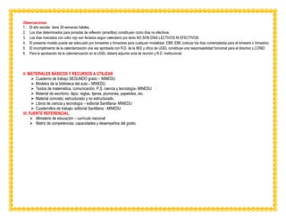 Observaciones:
1. El año escolar tiene 39 semanas hábiles.
2. Los días determinados para jornadas de reflexión (amarillos) constituyen como días no efectivos.
3. Los días marcados con color rojo son feriados según calendario por tanto NO SON DÍAS LECTIVOS NI EFECTIVOS.
4. El presente modelo puede ser adecuado por bimestres o trimestres para cualquier modalidad. EBR, EBE (colocar los días contempladas para el bimestre o trimestre)
5. El incumplimiento de la calendarización una vez aprobada con R.D. de la IIEE y oficio de UGEL constituye una responsabilidad funcional para el directivo y CONEI
6. Para la aprobación de la calendarización en la UGEL deberá adjuntar acta de reunión y R.D. Institucional.
V. MATERIALES BÁSICOS Y RECURSOS A UTILIZAR
➢ Cuaderno de trabajo SEGUNDO grado – MINEDU
➢ Modelos de la biblioteca del aula – MINEDU
➢ Textos de matemática, comunicación, P.S, ciencia y tecnología- MINEDU
➢ Material de escritorio, lápiz, reglas, tijeras, plumones, papelotes, etc.
➢ Material concreto, estructurado y no estructurado.
➢ Libros de ciencia y tecnología – editorial Santillana- MINEDU
➢ Cuadernillos de trabajo- editorial Santillana - MINEDU
VI. FUENTE REFERENCIAL.
➢ Ministerio de educación – currículo nacional
➢ Matriz de competencias, capacidades y desempeños del grado.
 