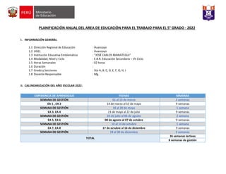 PLANIFICACIÓN ANUAL DEL AREA DE EDUCACIÓN PARA EL TRABAJO PARA EL 5° GRADO - 2022
I. INFORMACIÓN GENERAL
1.1 Dirección Regional de Educación : Huancayo
1.2 UGEL : Huancayo
1.3 Institución Educativa Emblemática : “JOSÉ CARLOS MARIÁTEGUI”
1.4 Modalidad, Nivel y Ciclo : E.B.R. Educación Secundaria – VII Ciclo.
1.5 Horas Semanales : 02 horas
1.6 Duración :
1.7 Grado y Secciones : 5to A, B, C, D, E, F, G, H, I
1.8 Docente Responsable : Mg.
II. CALENDARIZACIÓN DEL AÑO ESCOLAR 2022:
EXPERIENCIA DE APRENDIZAJE FECHAS SEMANAS
SEMANA DE GESTIÓN 01 al 13 de marzo 2 semanas
EA 1 , EA 2 14 de marzo al 13 de mayo 9 semanas
SEMANA DE GESTIÓN 16 al 20 de mayo 1 semana
EA 3, EA 4 23 de mayo al 22 de julio 9 semanas
SEMANA DE GESTIÓN 25 de julio al 05 de agosto 2 semana
EA 5, EA 6 08 de agosto al 07 de octubre 9 semanas
SEMANA DE GESTIÓN 10 al 14 de octubre 1 semana
EA 7, EA 8 17 de octubre al 16 de diciembre 9 semanas
SEMANA DE GESTIÓN 19 al 30 de diciembre 2 semanas
TOTAL
36 semanas lectivas
8 semanas de gestión
 