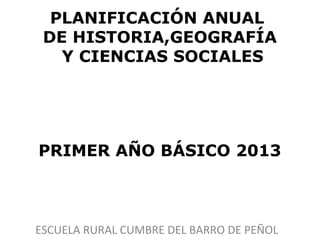 PLANIFICACIÓN ANUAL
 DE HISTORIA,GEOGRAFÍA
   Y CIENCIAS SOCIALES




PRIMER AÑO BÁSICO 2013



ESCUELA RURAL CUMBRE DEL BARRO DE PEÑOL
 