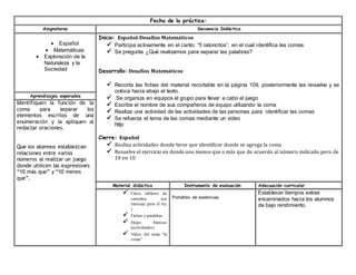 Fecha de la práctica:
Asignaturas Secuencia Didáctica
 Español
 Matemáticas
 Exploración de la
Naturaleza y la
Sociedad
Inicio: Español-Desafíos Matemáticos
 Participa activamente en el canto: “5 ratoncitos”, en el cual identifica las comas
 Se pregunta ¿Qué realizamos para separar las palabras?
Desarrollo: Desafíos Matemáticos
 Recorta las fichas del material recortable en la página 109, posteriormente las revuelve y se
coloca hacia abajo el texto.
 Se organiza en equipos el grupo para llevar a cabo el juego
 Escribe el nombre de sus compañeros de equipo utilizando la coma
 Realiza una actividad de las actividades de las personas para identificar las comas
 Se refuerza el tema de las comas mediante un video
http:
Cierre: Español
 Realiza actividades donde tiene que identificar donde se agrega la coma
 Resuelve el ejercicio en donde uno menos que o más que de acuerdo al número indicado pero de
10 en 10
Aprendizajes esperados
Identifiquen la función de la
coma para separar los
elementos escritos de una
enumeración y la apliquen al
redactar oraciones.
Que los alumnos establezcan
relaciones entre varios
números al realizar un juego
donde utilicen las expresiones
“10 más que” y “10 menos
que”.
Material didáctico Instrumento de evaluación Adecuación curricular
 Cinco tableros de
cartulina (un
mensaje para el rey
)
 Fichas o piedritas
 Hojas blancas
(actividades)
 Video del tema “la
coma”
Portafolio de evidencias
Establecer tiempos extras
encaminados hacia los alumnos
de bajo rendimiento.
 