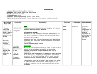 Planificación
Subsector: Educación Física y Salud. Atletismo
Integrantes: José Paredes. Sofía Cook. Mario Salinas
Unidad: Lanzamiento de la Bala.
Tiempo estimado: 45 min.
Contenidos mínimos obligatorios: Técnica, Fases, Reglas.
Objetivo fundamental transversal: Practicar la perseverancia, esfuerzo, y la auto-superación
Aprendizaje
Esperado
- Conocer y
Practicar el
lanzamiento de
la bala y realizar
una correcta
ejecución en su
técnica.
-Practicar y
ejecutar las
fases del
Lanzamiento.
-Conocer y
aprender las
reglas del
lanzamiento de
la bala.
Contenido
-Calentamiento
-Elongación
-Técnica y
Fases del
lanzamiento de
la bala:
-Fase de
Descarga
- Fase de
Preparación
Actividades
Inicio
Presentación de los Profesores, comentar el objetivo de la clase y
especificar acerca del tema ha desarrollar
Calentamiento General:
-Se realizara un baile entretenido, para elevar la temperatura, con
movimientos musculares y articulares, acompañado de la música.
Calentamiento Específico:
-Este servirá para estar a punto muscularmente para la técnica del
lanzamiento de la bala y evitar lesiones.( se realizara acompañado
de la música)
-Dándole énfasis en el tren superior
Desarrollo
-Practica de la técnica del lanzamiento de la bala en cada una de las
fases de forma metodológica, empezando por la descarga y
finalizando por la fase de giro y recuperación en la zona de
lanzamiento.
-Realizaremos una familiarización con el elemento (Bala), pasándola
de una mano a otra y enseñando la correcta forma de ser tomada.
Lanzaremos de frente a la fosa, luego de forma lateral, luego de
forma lateral mirando el suelo en el inicio, por ultimo de espalda.
( el peso sobre la base de los dedos, el peso cargado en el , pulgar,
los dedos separados, el codo elevado, la bala pegada a la fosa
escapular al finalizar el brazo va extendido y la palma de la mano
hacia fuera)
Recursos
-Radio
-Balas
Evaluación
Formativa
Indicadores
Observar y
Realizar
correcciones en
las distintas
fases del
lanzamiento de
la bala, logrando
una correcta
ejecución
técnica.
 