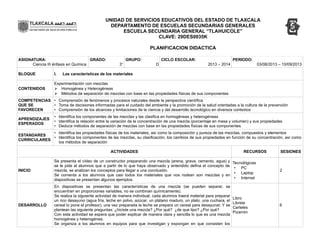 UNIDAD DE SERVICIOS EDUCATIVOS DEL ESTADO DE TLAXCALA
DEPARTAMENTO DE ESCUELAS SECUNDARIAS GENERALES
ESCUELA SECUNDARIA GENERAL “TLAHUICOLE”
CLAVE: 29DES0035K
PLANIFICACION DIDACTICA
ASIGNATURA:
Ciencia III énfasis en Química
GRADO:
3°
GRUPO:
D
CICLO ESCOLAR:
2013 – 2014
PERIODO:
03/08/2013 – 10/09/2013
BLOQUE I. Las características de los materiales
CONTENIDOS
Experimentación con mezclas
➢ Homogénea y Heterogéneas
➢ Métodos de separación de mezclas con base en las propiedades físicas de sus componentes
COMPETENCIAS
QUE SE
FAVORECEN
• Comprensión de fenómenos y procesos naturales desde la perspectiva científica
• Toma de decisiones informadas para el cuidado del ambiente y la promoción de la salud orientadas a la cultura de la prevención
• Comprensión de los alcances y limitaciones de la ciencia y del desarrollo tecnológico en diversos contextos
APRENDIZAJES
ESPERADOS
• Identifica los componentes de las mezclas y las clasifica en homogéneas y heterogéneas
• Identifica la relación entre la variación de la concentración de una mezcla (porcentaje en masa y volumen) y sus propiedades
• Deduce métodos de separación de mezclas con base en las propiedades físicas de sus componentes
ESTANDARES
CURRICULARES
• Identifica las propiedades físicas de los materiales, así como la composición y pureza de las mezclas, compuestos y elementos
• Identifica los componentes de las mezclas, su clasificación, los cambios de sus propiedades en función de su concentración, así como
los métodos de separación
ACTIVIDADES RECURSOS SESIONES
INICIO
Se presenta el vídeo de un constructor preparando una mezcla (arena, grava, cemento, agua) y
se le pide al alumnos que a partir de lo que haya observado y entendido defina el concepto de
mezcla, se analizan los conceptos para llegar a una conclusión.
Se comenta a los alumnos que casi todos los materiales que nos rodean son mezclas y en
diapositivas se presentan algunos ejemplos.
Tecnológicas
• PC
• Laptop
• Internet
2
DESARROLLO
En diapositivas se presentan las características de una mezcla (se pueden separar, se
encuentran en proporciones variables, no se combinan químicamente).
Se realiza la siguiente actividad de manera individual, cada alumnos traerá material para preparar
un rico desayuno (agua fría, leche en polvo, azúcar, un plátano maduro, un plato, una cuchara, el
cereal lo pone el profesor), una vez preparada la leche se prepara un cereal para desayunar. Y se
plantean las siguiente preguntas: ¿hiciste una mezcla? ¿Por qué? ¿de que tipo? ¿Por qué?
Con esta actividad se espera que poder explicar de manera clara y sencilla lo que es una mezcla
homogénea y heterogénea.
Se organiza a los alumnos en equipos para que investigan y expongan en que consisten los
Libro
Libreta
Carteles
Pizarrón
6
 