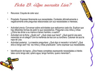 Ficha 19. ¿Que necesita Lisa?
• Recursos: Crayola de color azul.
• Propósito: Expresar libremente sus necesidades. Contestar afirmativamente o
negativamente ante preguntas relacionadas con sus necesidades e intereses.
• Actividad previa: Conversar sobre actividades que realizamos cada día. Explicar que
hay diferentes formas de pedir lo que necesitamos. Preguntar a los niños y niñas:
¿Cómo les dirían a su mama si tienen hambre, o sueño?
• Actividad con la ficha: ¿Quién es? ¿Qué crees que hace? ¿Qué querrá Lisa para
merendar en el colegio? Unir la merienda de lisa con su lonchera. Colorear de azul la
ropa de Lisa.
• Actividad posterior: La maestra preguntara: ¿Qué digo si necesito ir al baño? ¿Qué
diría si tengo sed? Así los niños y niñas practicarán como expresar sus necesidades.
• Identificación de logros: ¿Dice frases completas expresando necesidades e interés
tales como tengo sed, quiero agua; tengo hambre, quiero merendar?..
 