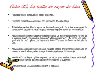 Ficha 25. La toalla de rayas de Lisa
• Recursos: Papel construcción, papel crepé rojo.
• Propósito: Trazar líneas verticales con orientación de arriba abajo.
• Actividades previas: Con la ayuda de la maestra rasgarán de arriba abajo papel de
construcción, pegarán el papel rasgado en hojas de papel blanco en forma vertical.
• Actividades con la ficha: Observar la toalla de Lisa. La maestra preguntará: ¿Cómo es
la toalla de Lisa? ¿Es grande o pequeña? ¿De que color es? ¿Tu tienes una toalla
igual a la de Lisa? ¿Para que usamos la toalla? Trazaran las líneas de la toalla de
Lisa.
• Actividades posteriores: Sobre el papel rasgado pegado previamente en las hojas en
blanco, la maestra los ayudara a pegar tiras de papel crepé de color rojo.
• Identificación de logros: ¿Une segmento de rectas para realizar trazos verticales?
¿Inicia el trazo vertical de arriba abajo sin despegar de la superficie?
• Grafomotricidad: Líneas verticales ( Ficha 4, pagina 7).
 