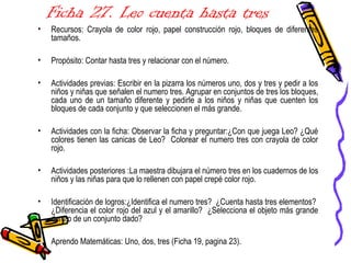 Ficha 27. Leo cuenta hasta tres
• Recursos: Crayola de color rojo, papel construcción rojo, bloques de diferentes
tamaños.
• Propósito: Contar hasta tres y relacionar con el número.
• Actividades previas: Escribir en la pizarra los números uno, dos y tres y pedir a los
niños y niñas que señalen el numero tres. Agrupar en conjuntos de tres los bloques,
cada uno de un tamaño diferente y pedirle a los niños y niñas que cuenten los
bloques de cada conjunto y que seleccionen el más grande.
• Actividades con la ficha: Observar la ficha y preguntar:¿Con que juega Leo? ¿Qué
colores tienen las canicas de Leo? Colorear el numero tres con crayola de color
rojo.
• Actividades posteriores :La maestra dibujara el número tres en los cuadernos de los
niños y las niñas para que lo rellenen con papel crepé color rojo.
• Identificación de logros:¿Identifica el numero tres? ¿Cuenta hasta tres elementos?
¿Diferencia el color rojo del azul y el amarillo? ¿Selecciona el objeto más grande
dentro de un conjunto dado?
• Aprendo Matemáticas: Uno, dos, tres (Ficha 19, pagina 23).
 