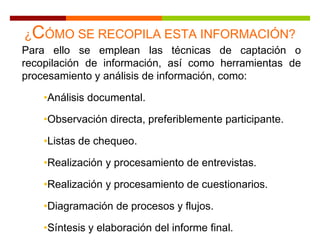 Para ello se emplean las técnicas de captación o
recopilación de información, así como herramientas de
procesamiento y análisis de información, como:
•Análisis documental.
•Observación directa, preferiblemente participante.
•Listas de chequeo.
•Realización y procesamiento de entrevistas.
•Realización y procesamiento de cuestionarios.
•Diagramación de procesos y flujos.
•Síntesis y elaboración del informe final.
¿CÓMO SE RECOPILA ESTA INFORMACIÓN?
 