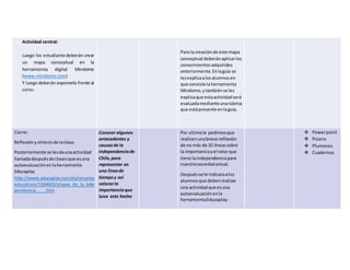 Actividad central: 
Luego los estudiante deberán crear 
un mapa conceptual en la 
herramienta digital Mindomo 
(www.mindomo.com) 
Y luego deberán exponerlo frente al 
curso. 
Para la creación de este mapa 
conceptual deberán aplicar los 
conocimientos adquiridos 
anteriormente. En la guía se 
les explica a los alumnos en 
que consiste la herramienta 
Mindomo, y también se les 
explica que esta actividad será 
evaluada mediante una rúbrica 
que está presente en la guía. 
Cierre: 
Reflexión y síntesis de la clase. 
Posteriormente se les da una actividad 
llamada después de clases que es una 
autoevaluación en la herramienta 
Educaplay 
http://www.educaplay.com/es/recursos 
educativos/1564655/etapas_de_la_inde 
pendencia____.htm 
Conocer algunos 
antecedentes y 
causas de la 
independencia de 
Chile, para 
representar en 
una línea de 
tiempo y así 
valorar la 
importancia que 
tuvo este hecho 
Por ultimo le pedimos que 
realicen una breve reflexión 
de no más de 10 líneas sobre 
la importancia y el valor que 
tiene la independencia para 
nuestra sociedad actual. 
Después se le indicara a los 
alumnos que deben realizar 
una actividad que es una 
autoevaluación en la 
herramienta Educaplay. 
 Power point 
 Pizarra 
 Plumones 
 Cuadernos 
 