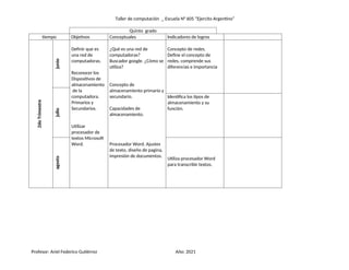 Taller de computación _ Escuela N° 605 “Ejercito Argentino”
Quinto grado
tiempo Objetivos Conceptuales Indicadores de logros
2do
Trimestre
junio
Definir que es
una red de
computadoras.
Reconocer los
Dispositivos de
almacenamiento
de la
computadora.
Primarios y
Secundarios.
Utilizar
procesador de
textos Microsoft
Word.
¿Qué es una red de
computadoras?
Buscador google. ¿Cómo se
utiliza?
Concepto de
almacenamiento primario y
secundario.
Capacidades de
almacenamiento.
Procesador Word. Ajustes
de texto, diseño de pagina,
impresión de documentos.
Concepto de redes.
Define el concepto de
redes, comprende sus
diferencias e importancia
julio
Identifica los tipos de
almacenamiento y su
función.
agosto
Utiliza procesador Word
para transcribir textos.
Profesor: Ariel Federico Gutiérrez Año: 2021
 