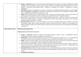 • Lengua y Literatura: Revisar la lista de normas obtenida durante el conversatorio. En grupos, transformar las ideas
propuestas por los estudiantes en oraciones cortas, claras y positivas que puedan utilizarse posteriormente en el cartel.
Ejemplo: “Escuchamos cuando alguien habla”, “Cuidamos los materiales de la escuela” y “Respetamos a nuestros
compañeros”.
• Matemática: Retomar los resultados de la encuesta y comparamos las cantidades obtenidas utilizando los signos mayor
que (>), menor que (<) e igual que (=). Ordenar las normas según las preferencias de los estudiantes e identificar cuáles
fueron consideradas prioritarias para incluirlas en el cartel.
• Inglés: Relate the selected rules to simple English words or expressions previously learned. Associate each expression
with images that help students understand its meaning and select those that can be included in the poster.
• ECA: Realizar un primer boceto del cartel. Organizar gráficamente dónde se colocarán el título, las normas y las
ilustraciones. Elaborar dibujos o símbolos que representen las normas seleccionadas, procurando que las imágenes
permitan comprender fácilmente el mensaje.
• Educación Física: Participar en un juego cooperativo en el que los estudiantes deban poner en práctica las normas
seleccionadas: esperar turnos, escuchar instrucciones, respetar el espacio de los demás, colaborar y evitar empujones. Al
finalizar, identificar cuáles de las normas del futuro cartel, que fueron necesarias para que el juego pudiera desarrollarse
correctamente.
CREA (Producto final) Elaboración del producto final
Producto final: Cartel “El arte de convivir”
• Lengua y Literatura: Escribir las normas seleccionadas utilizando oraciones claras y comprensibles. Revisar
colectivamente la escritura antes de incorporarla al cartel definitivo.
• Matemática: Utilizar los resultados obtenidos en la encuesta y las comparaciones realizadas con >, < e = para justificar la
selección de las normas que los estudiantes consideraron más necesarias para una adecuada convivencia escolar.
• Inglés: Include in the poster simple words or expressions related to the school coexistence rules worked on during the
previous activities, accompanied by images that help students understand their meaning.
• ECA: Elaborar el diseño definitivo del cartel. Distribuir de manera organizada el título, las normas, dibujos y símbolos;
colorear las ilustraciones y utilizar diferentes recursos gráficos para que el mensaje sea atractivo y comprensible. Los
estudiantes participan conjuntamente en la construcción artística del producto.
• Educación Física: Representar mediante movimientos, gestos o pequeñas dramatizaciones algunas de las normas incluidas
en el cartel. Los demás estudiantes deberán identificar la norma representada y explicar por qué es necesaria dentro de la
escuela.
• Socialización del producto
 