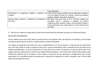 como educadora.
Sistematizar la experiencia docente y publicar sus Como futura docente considero que es importante compartir
trabajos                                               con los colegas artículos de mi propia creación que puedan
                                                       ayudar a mejorar el que hacer educativo.
Solicitar apoyo, asesoría y consultoría en momentos de No debo creer que todo lo sé al contrario siempre es
dificultad                                             necesario acudir a expertos y personas con mayor
                                                       experiencia para consultar dudas y de esta manera mejorar
                                                       como profesional y por ende mejorar el nivel educativo de
                                                       los niños.


2.- Estructure y redacte un ensayo sobre ¿cómo se han venido dando las reformas y procesos curriculares en Ecuador

EDUACIÓN CON EQUIDAD

Con los cambios que se han venido dando en nuestro país se esta logrando tener una educación con equidad y con las nuevas
reformas se quiere educar con amor y creando valores en nuestros educandos.

Los cambios en educación se han hecho día a día y constantemente con el fin de mejorar la educación de los ecuatorianos,
pero como todo cambio no tiene la acogida de todos, pues surgen inconvenientes como la insatisfacción de los maestros que
estaban acostumbrados a un tipo de educación en el que ellos eran el centro de atención y lo que elos decían eran la ley
aunque estas deciciones estren en contra de los mismos derechos humanos, y se les hace difícil aceptar estos cambios, pero
también hay maestros que si se acoplan a estos cambios y les parece que son oportunos y enriquecedores para el buen
aprendizaje de lo estudiantes porque concideran que la educación es obligación de toda la comunidad y por lo tante todos
deben ser participantes activos.
 
