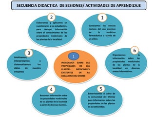 INDAGAMOS SOBRE LAS
PROPIEDADES DE LAS
PLANTAS MEDICINALES
EXISTENTES EN LA
LOCALIDAD DEL SHIMBE
.
Conocemos los efectos
nocivos del uso excesivo
de la medicina
farmacéutica a través de
un video.
Elaboramos y aplicamos un
cuestionario a los estudiantes,
para recoger información
sobre el conocimiento de las
propiedades medicinales de
las plantas de la localidad.
Analizamos,
interpretamos y
sistematizamos los
datos de nuestra
encuesta
Buscamos información sobre
las propiedades medicinales
de las plantas de la localidad
a partir de diversas fuentes..
Organizamos la
información sobre las
propiedades medicinales
de las plantas de la
localidad en diversos
textos informativos.
Entrevistamos al sabio de
la comunidad del Shimbe
para informarnos sobre las
propiedades de las plantas
de la comunidad.
1
54
3
2
6
1
SECUENCIA DIDACTICA DE SESIONES/ ACTIVIDADES DE APRENDIZAJE
 