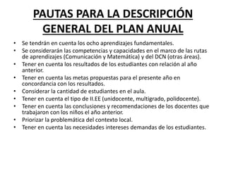 PAUTAS PARA LA DESCRIPCIÓN
GENERAL DEL PLAN ANUAL
• Se tendrán en cuenta los ocho aprendizajes fundamentales.
• Se considerarán las competencias y capacidades en el marco de las rutas
de aprendizajes (Comunicación y Matemática) y del DCN (otras áreas).
• Tener en cuenta los resultados de los estudiantes con relación al año
anterior.
• Tener en cuenta las metas propuestas para el presente año en
concordancia con los resultados.
• Considerar la cantidad de estudiantes en el aula.
• Tener en cuenta el tipo de II.EE (unidocente, multigrado, polidocente).
• Tener en cuenta las conclusiones y recomendaciones de los docentes que
trabajaron con los niños el año anterior.
• Priorizar la problemática del contexto local.
• Tener en cuenta las necesidades intereses demandas de los estudiantes.
 