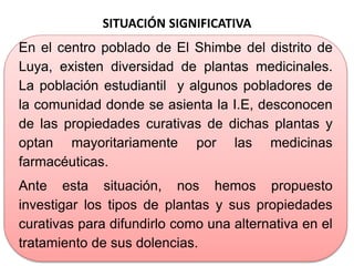 SITUACIÓN SIGNIFICATIVA
En el centro poblado de El Shimbe del distrito de
Luya, existen diversidad de plantas medicinales.
La población estudiantil y algunos pobladores de
la comunidad donde se asienta la I.E, desconocen
de las propiedades curativas de dichas plantas y
optan mayoritariamente por las medicinas
farmacéuticas.
Ante esta situación, nos hemos propuesto
investigar los tipos de plantas y sus propiedades
curativas para difundirlo como una alternativa en el
tratamiento de sus dolencias.
 