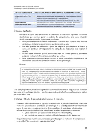 Documento de trabajo en proceso de validación
Elaborado por la Dirección de Educación Primaria- DIGEBR
12
ENFOQUES TRANSVERSALES ACTITUDES QUE SE DEMUESTRAN CUANDO LOS ESTUDIANTES Y DOCENTES…
Enfoque de orientación al bien
común
 Se solidarizan con las necesidades de los miembros del aula y comparten los espacios
educativos, recursos, materiales, tareas o responsabilidades.
 Asumen diversas responsabilidades y las aprovechan para el bienestar del grupo.
Enfoque de derechos  Intercambian ideas para construir juntos consenso sobre las normas de convivencia.
Enfoque de igualdad de género  No hacen distinciones discriminatorias entre varones y mujeres al asumir
responsabilidades en el cuidado de los espacios y materiales educativos.
3. Situación significativa
Uno de los mayores retos en el diseño de una unidad es seleccionar o plantear situaciones
significativas que permitan poner en práctica las competencias. Una buena situación
significativa debe cumplir las siguientes características:
 Estar planteada en el marco de un contexto real o simulado. Este contexto debe describir
condiciones, limitaciones o restricciones que den sentido al reto.
 Los retos pueden ser planteados a partir de preguntas que despierten el interés y
demanden combinar estratégicamente las competencias necesarias para resolver el
desafío.
 Un reto debe demandar que los estudiantes usen sus saberes previos y permitirles
progresar hacia un nivel mayor de desarrollo al que tenían.
 Debe observarse con claridad la relación entre el reto y los productos que realizarán los
estudiantes, los cuales nos brindarán evidencia de los aprendizajes.
Ejemplo:
En el ejemplo planteado, la situación significativa culmina con una serie de preguntas que enmarcan
los retos a ser resueltos por las niñas y los niños, quienes deberán planificar aquello que van a realizar
con ayuda del docente.
4. Criterios, evidencias de aprendizaje e instrumentos de valoración
Para saber si los estudiantes están logrando los aprendizajes, es necesario determinar criterios de
evaluación y evidencias de aprendizaje que a lo largo de la unidad puedan ofrecer información
acerca de cuán lejos o cerca se encuentran de los propósitos de aprendizaje seleccionados.
A fin de determinar las evidencias de aprendizajes, se deben responder estas preguntas:
 ¿Qué esperamos que los estudiantes demuestren? (Desempeños)
 ¿A través de qué producto o trabajo evidenciaré su desempeño? (Evidencias)
El siguiente ejemplo muestra las evidencias de aprendizaje para la evaluación de competencias
en la unidad “Nos conocemos y organizamos el aula”:
Las niñas y los niños del primer grado se encuentran en un proceso de transición entre el nivel inicial y el primer
grado. Esto implica para ellos llegar a otra escuela, a otra aula, así como tener un nuevo docente y conocer
nuevos(as) compañeros(as). Para que este tránsito sea positivo, es preciso realizar actividades que les permitan
sentirse acogidos. Asimismo, es importante que puedan hacer de su aula un ambiente donde todos puedan
disfrutar y que ofrezca condiciones para aprender juntos. Para lograr esto, retamos a los estudiantes a
responder: ¿Qué podemos hacer para sentirnos bien en nuestro salón? ¿Qué nos gustaría encontrar en nuestra
aula? ¿Cómo podemos organizar y ambientar nuestra aula para que todos nos sintamos acogidos? ¿Qué
responsabilidades debemos asumir para mantener organizados nuestros espacios?
 