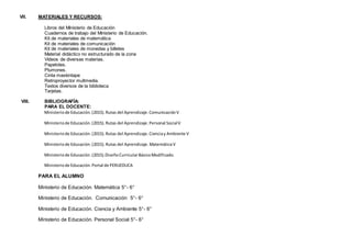 VII. MATERIALES Y RECURSOS:
Libros del Ministerio de Educación
Cuadernos de trabajo del Ministerio de Educación.
Kit de materiales de matemática
Kit de materiales de comunicación
Kit de materiales de monedas y billetes
Material didáctico no estructurado de la zona
Vídeos de diversas materias.
Papelotes.
Plumones.
Cinta maskintape
Retroproyector multmedia.
Textos diversos de la biblioteca
Tarjetas.
VIII. BIBLIOGRAFÍA:
PARA EL DOCENTE:
Ministeriode Educación.(2015).Rutas del Aprendizaje.ComunicaciónV
Ministeriode Educación.(2015).Rutas del Aprendizaje.Personal SocialV
Ministeriode Educación.(2015).Rutas del Aprendizaje.Cienciay Ambiente V
Ministeriode Educación.(2015).Rutas del Aprendizaje.MatemáticaV
Ministeriode Educación.(2015).DiseñoCurricularBásicoModificado.
Ministeriode Educación.Portal de PERUEDUCA
PARA EL ALUMNO
Ministerio de Educación. Matemática 5°- 6°
Ministerio de Educación. Comunicación 5°- 6°
Ministerio de Educación. Ciencia y Ambiente 5°- 6°
Ministerio de Educación. Personal Social 5°- 6°
 