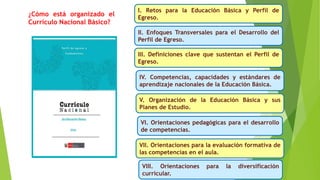 I. Retos para la Educación Básica y Perfil de
Egreso.
II. Enfoques Transversales para el Desarrollo del
Perfil de Egreso.
III. Definiciones clave que sustentan el Perfil de
Egreso.
IV. Competencias, capacidades y estándares de
aprendizaje nacionales de la Educación Básica.
V. Organización de la Educación Básica y sus
Planes de Estudio.
VI. Orientaciones pedagógicas para el desarrollo
de competencias.
VII. Orientaciones para la evaluación formativa de
las competencias en el aula.
VIII. Orientaciones para la diversificación
curricular.
¿Cómo está organizado el
Currículo Nacional Básico?
 