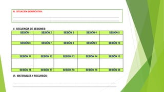 SESIÓN 1 SESIÓN 2 SESIÓN 3 SESIÓN 4 SESIÓN 5
SESIÓN 6 SESIÓN 7 SESIÓN 8 SESIÓN 9 SESIÓN 10
SESIÓN 11 SESIÓN 12 SESIÓN 13 SESIÓN 14 SESIÓN 15
SESIÓN 16 SESIÓN 17 SESIÓN 18 SESIÓN 19 SESIÓN 20
V. SECUENCIA DE SESIONES:
VI. MATERIALES Y RECURSOS:
……………………………………………………………………………………………………………
……………………………………………………………………………………………………………
III. SITUACIÓN SIGNIFICATIVA:
………………………………………………………………………………………………………………
………………………………………………………………………………………………………………
 