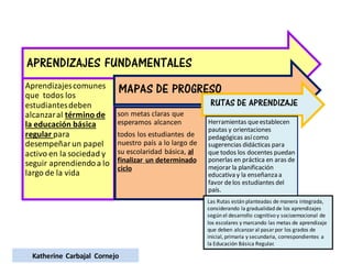 APRENDIZAJES FUNDAMENTALES
Aprendizajescomunes
que todos los
estudiantesdeben
alcanzaral término de
la educación básica
regular para
desempeñarun papel
activo en la sociedad y
seguir aprendiendoa lo
largo de la vida
MAPAS DE PROGRESO
son metas claras que
esperamos alcancen
todos los estudiantes de
nuestro país a lo largo de
su escolaridad básica, al
finalizar un determinado
ciclo
RUTAS DE APRENDIZAJE
Herramientas queestablecen
pautas y orientaciones
pedagógicas asícomo
sugerencias didácticas para
que todos los docentes puedan
ponerlas en práctica en aras de
mejorar la planificación
educativa y la enseñanza a
favor delos estudiantes del
país.
Las Rutas están planteadas de manera integrada,
considerando la gradualidad de los aprendizajes
según el desarrollo cognitivo y socioemocional de
los escolares y marcando las metas de aprendizaje
que deben alcanzaral pasarpor los grados de
inicial, primaria y secundaria, correspondientes a
la Educación Básica Regular.
Katherine Carbajal Cornejo
 