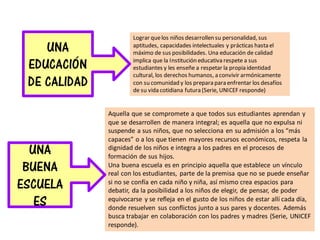 Lograr quelos niños desarrollen su personalidad, sus
aptitudes, capacidades intelectuales y prácticas hasta el
máximo de sus posibilidades. Una educación de calidad
implica que la Institución educativa respete a sus
estudiantes y les enseñe a respetar la propia identidad
cultural, los derechos humanos, a convivir armónicamente
con su comunidad y los prepara para enfrentar los desafíos
de su vida cotidiana futura (Serie, UNICEF responde)
UNA
EDUCACIÓN
DE CALIDAD
Aquella que se compromete a que todos sus estudiantes aprendan y
que se desarrollen de manera integral; es aquella que no expulsa ni
suspende a sus niños, que no selecciona en su admisión a los “más
capaces” o a los que tienen mayores recursos económicos, respeta la
dignidad de los niños e integra a los padres en el procesos de
formación de sus hijos.
Una buena escuela es en principio aquella que establece un vínculo
real con los estudiantes, parte de la premisa que no se puede enseñar
si no se confía en cada niño y niña, así mismo crea espacios para
debatir, da la posibilidad a los niños de elegir, de pensar, de poder
equivocarse y se refleja en el gusto de los niños de estar allí cada día,
donde resuelven sus conflictos junto a sus pares y docentes. Además
busca trabajar en colaboración con los padres y madres (Serie, UNICEF
responde).
UNA
BUENA
ESCUELA
ES
 