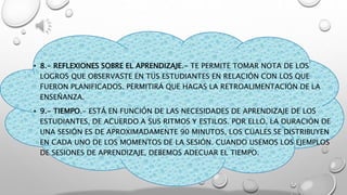 • 8.- REFLEXIONES SOBRE EL APRENDIZAJE.- TE PERMITE TOMAR NOTA DE LOS
LOGROS QUE OBSERVASTE EN TUS ESTUDIANTES EN RELACIÓN CON LOS QUE
FUERON PLANIFICADOS. PERMITIRÁ QUE HAGAS LA RETROALIMENTACIÓN DE LA
ENSEÑANZA.
• 9.- TIEMPO.- ESTÁ EN FUNCIÓN DE LAS NECESIDADES DE APRENDIZAJE DE LOS
ESTUDIANTES, DE ACUERDO A SUS RITMOS Y ESTILOS. POR ELLO, LA DURACIÓN DE
UNA SESIÓN ES DE APROXIMADAMENTE 90 MINUTOS, LOS CUALES SE DISTRIBUYEN
EN CADA UNO DE LOS MOMENTOS DE LA SESIÓN. CUANDO USEMOS LOS EJEMPLOS
DE SESIONES DE APRENDIZAJE, DEBEMOS ADECUAR EL TIEMPO.
 