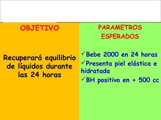 OBJETIVO
Recuperará equilibrio
de líquidos durante
las 24 horas
PARAMETROS
ESPERADOS
Bebe 2000 en 24 horas
Presenta piel elástica e
hidratada
BH positivo en + 500 cc
 