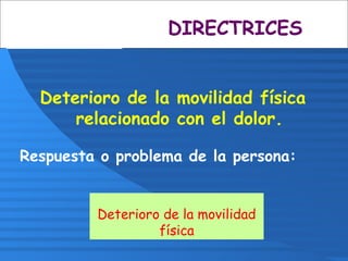 Deterioro de la movilidad física
relacionado con el dolor.
Respuesta o problema de la persona:
Deterioro de la movilidad
física
DIRECTRICES
 