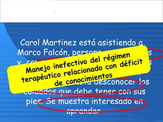 Carol Martinez está asistiendo a
Marco Falcón, persona con diabetes
y con problemas recurrentes en los
pies. Durante la entrevista, la
persona manifiesta desconocer los
cuidados que debe tener con sus
pies. Se muestra interesado en
aprender.
Manejo inefectivo del régimen
terapéutico relacionado con déficit
de conocimientos
 
