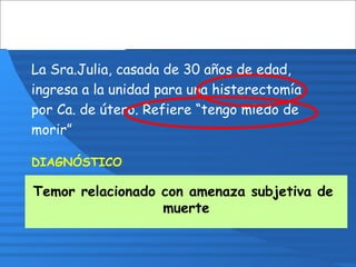 La Sra.Julia, casada de 30 años de edad,
ingresa a la unidad para una histerectomía
por Ca. de útero. Refiere “tengo miedo de
morir”
DIAGNÓSTICO
Temor relacionado con amenaza subjetiva de
muerte
 
