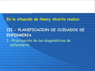 En la situación de Nancy Alcorta realice:
III.- PLANIFICACION DE CUIDADOS DE
ENFERMERIA
1.- Priorización de los diagnósticos de
enfermería
 