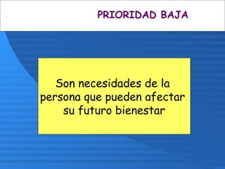 PRIORIDAD BAJA
Son necesidades de la
persona que pueden afectar
su futuro bienestar
 