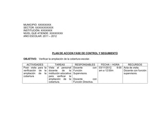 MUNICIPIO: XXXXXXXX
SECTOR: XXXXXXXXXXX
INSTITUCIÓN: XXXXXXX
NIVEL QUE ATIENDE: XXXXXXXX
AÑO ESCOLAR: 2011 – 2012




                         PLAN DE ACCION FASE DE CONTROL Y SEGUMIENTO

OBJETIVO: Verificar la ampliación de la cobertura escolar.

   ACTIVIDADES            TAREAS            RESPONSABLES      FECHA – HORA      RECURSOS
Post- visita para la Vista al personal     Docente      con 03/11/2012. 8:00 Acta de visita.
verificación de la docente      de   la    Función          am a 12:00m      Docente con función
ampliación de la institución educativa     Supervisora.                      supervisora.
cobertura            para verificar la
                     ampliación de la      Docente          con
                     cobertura.            Función Directiva.
 