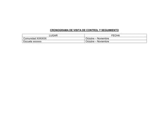 CRONOGRAMA DE VISITA DE CONTROL Y SEGUIMIENTO

                   LUGAR                                        FECHA
Comunidad XXXXXX                          Octubre – Noviembre
Escuela xxxxxxx                           Octubre – Noviembre
 
