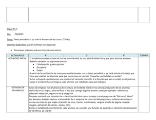 Clase N°: 5
Día: /06/2015
Tema: Texto periodístico: La noticia-Proceso de escritura. (Taller)
Objetivo Específico: Que el alumno/a sea capaz de:
 Reconocer el proceso de escritura de una noticia.
ACTIVIDADES 4° 5° 6° TIEMPO
ACTIVIDAD INICIAL El residente establecerá que el aula se transformará en una sala de redacción y que para esto los alumnos
deberán respetar las siguientes pautas:
 Colaboración y participación
 Disciplina
 Orden
A partir de la explicación de estas pautas relacionadas con la labor periodística, se hará alusión al trabajo que
tiene que realizar los alumnos para que los mismos se sientan ¨Pequeños periodistas en acción”.
Se les entregará a cada alumno una credencial haciendo mención a la función que van a cumplir en el proceso,
luego el residente hará entrega a cada alumno una notebook para que trabajen.
ACTIVIDAD DE
DESARROLLO
Antes de empezar con el proceso de escritura, el residente leerá en voz alta la producción de los alumnos
realizadas en su hogar, para verificar si hay que corregir algunos errores como por ejemplo: coherencia,
cohesión, redacción, organización y ortografía.
Después realizará una introducción a la utilización básica para trabajar con el programa de “Microsoft Word”.
Los alumnos deberán realizar el encendido de la máquina, la selección del programa y la forma de utilizar el
mismo con todo lo que implica (tamaño de letra, fuente, interlineado, sangría, diseño de página, insertar
imagen, aplicación de colores, marco, etc.).
Como se estableció anteriormente cada alumno va a cumplir una función de acuerdo al momento de realización
de la noticia, ya sea de:
 
