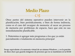 Medio Plazo 
 
Otras partes del sistema operativo pueden intervenir en la 
planificación, bien periódicamente, o bien de forma indirecta, 
como es el caso del swapper de memoria: al sacar un proceso 
de memoria por problemas de espacio, hace que este no sea 
inmediatamente planificable. 
1. Determina si agregar más programas a los que ya están 
parcialmente o totalmente en memoria principal 
Swap: equivalente a la memoria virtual de un sistema Windows , y es la porción 
de disco duro que guarda imágenes de procesos que no se mantienen en la RAM 
 