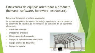 Estructuras de equipos orientadas a producto
(humano, software, hardware, estructura).
Estructura del equipo orientado a producto.
La estructura general del equipo de trabajo, que lleva a cabo el proyecto
de desarrollo de sistemas de información, se compone de los siguientes
elementos:
 Comité de sistemas
 Director de proyecto
 Líder o gerente de proyecto
 Equipo de representantes funcionales
 Equipo técnico de desarrollo
 Equipo de soporte
 