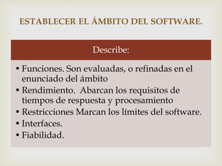 ESTABLECER EL ÁMBITO DEL SOFTWARE.


                      
                   Describe:

• Funciones. Son evaluadas, o refinadas en el
  enunciado del ámbito
• Rendimiento. Abarcan los requisitos de
  tiempos de respuesta y procesamiento
• Restricciones Marcan los límites del software.
• Interfaces.
• Fiabilidad.
 