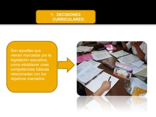 1. DECISIONES
CURRICULARES:

Son aquellas que
vienen marcadas por la
legislación educativa,
como establecer unas
competencias básicas
relacionadas con los
objetivos marcados.

 