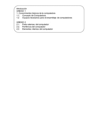 Introducción
UNIDAD 1
1. Conocimientos básicos de la computadora
1.1. Concepto de Computadora:
1.2 Equipos necesarios para el ensamblaje de computadoras
UNIDAD 2
2.1. Parte externas del computador
2.2. Periféricos del computador
2.3 Elementos internos del computador
 